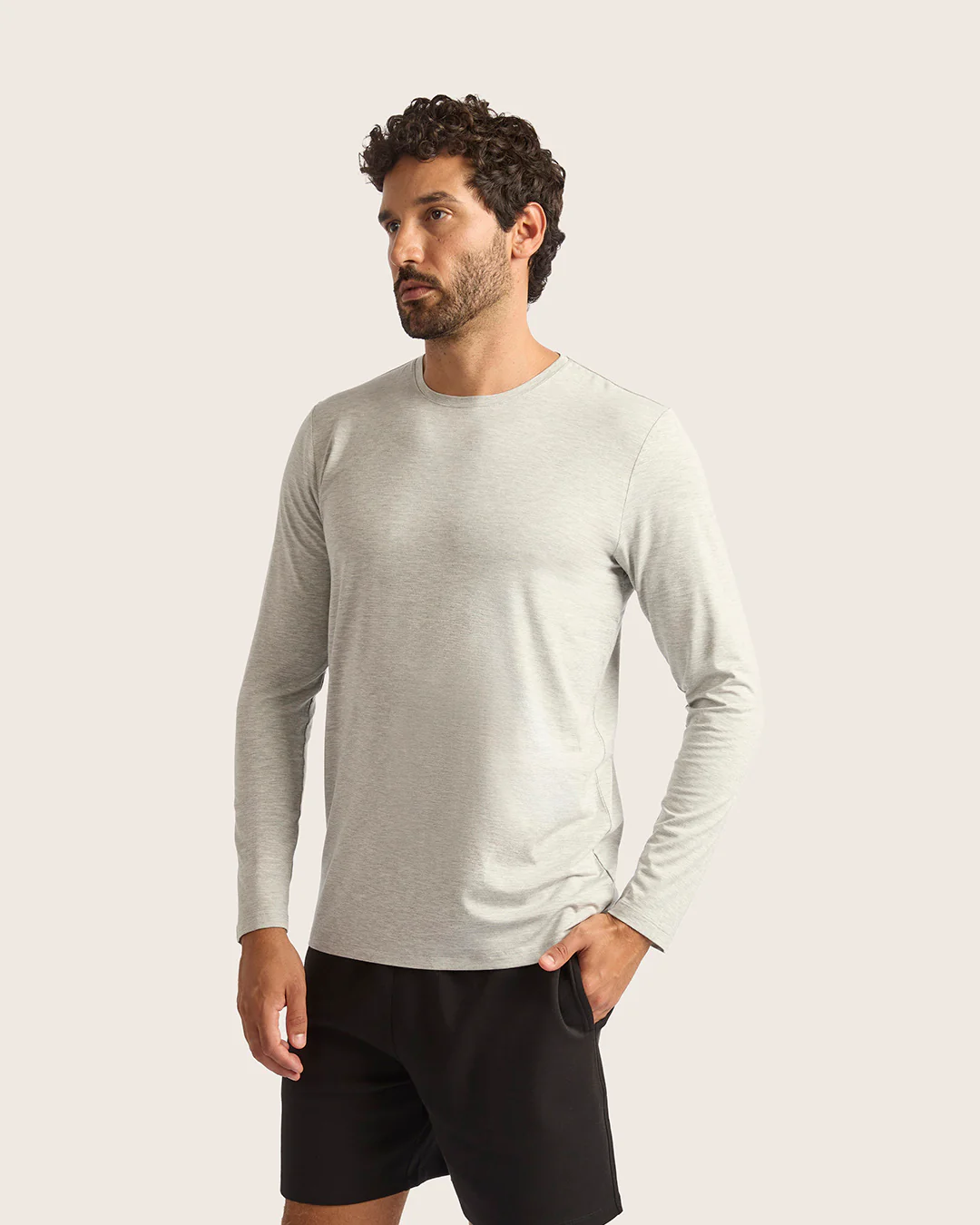 Men's Base Layer Long Sleeve Crew Neck T-Shirt - Light Grey Marl - Image 3