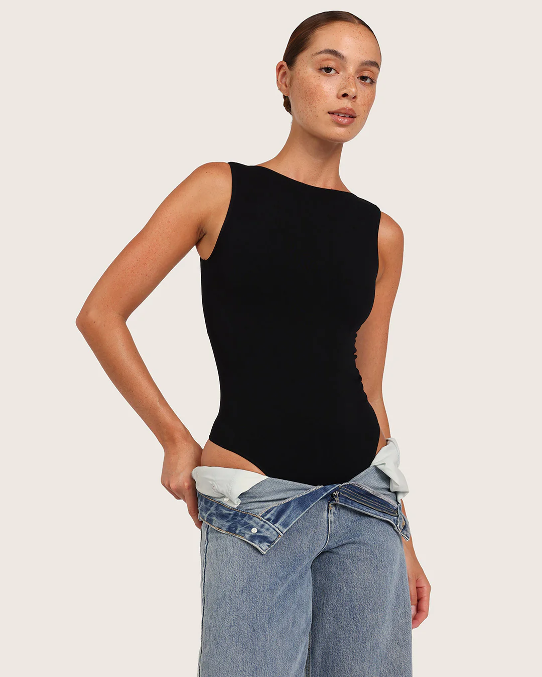 Ribbed Boat Neck Bodysuit - Black - Image 7