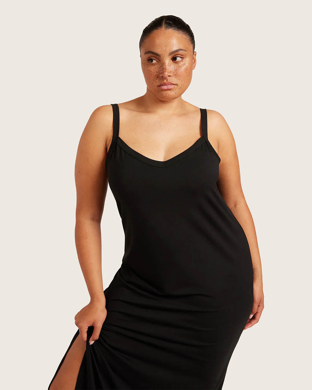 V-Neck Slip Dress - Black - Image 3