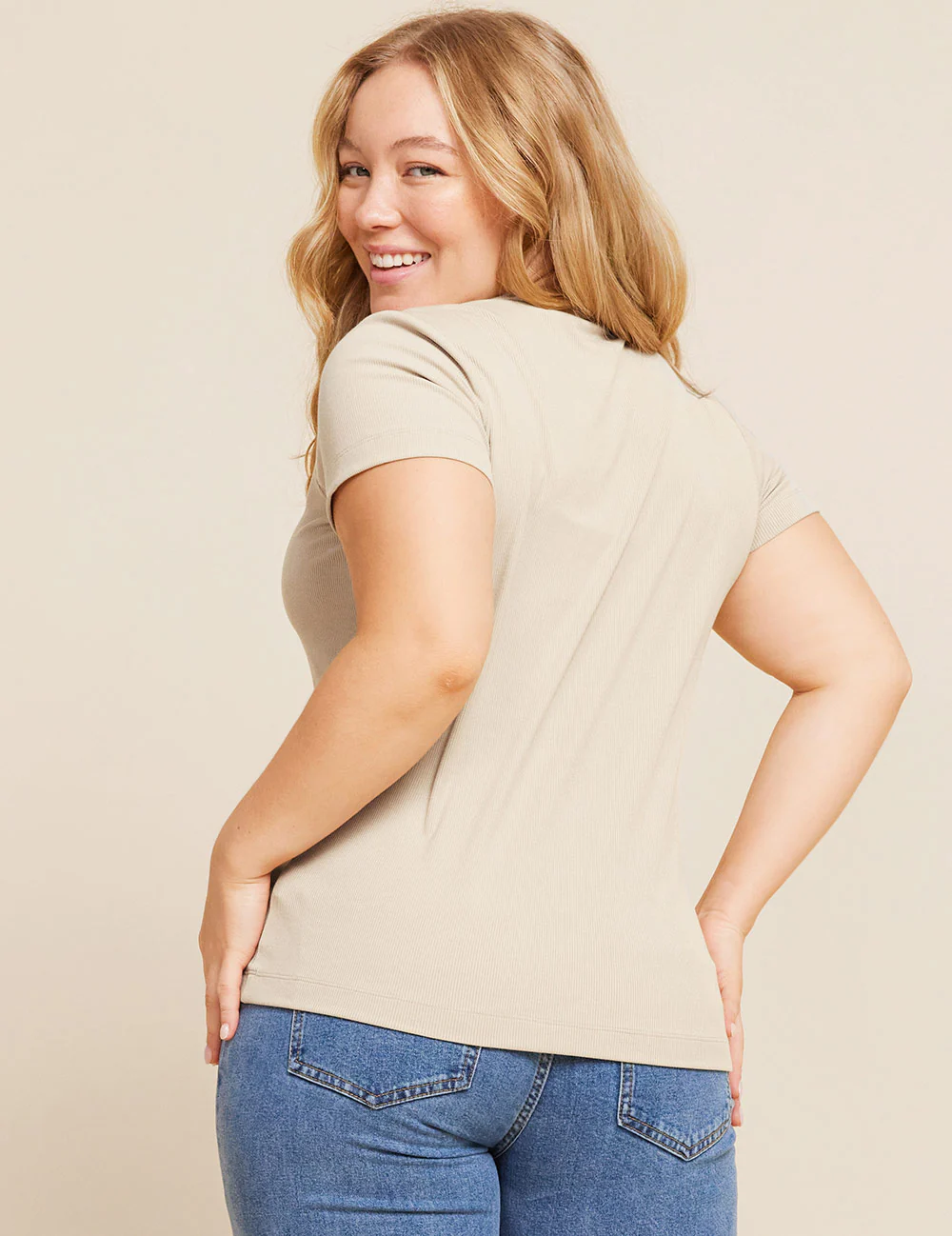 Women's Ribbed Crew Neck T-Shirt - Stone - Image 2